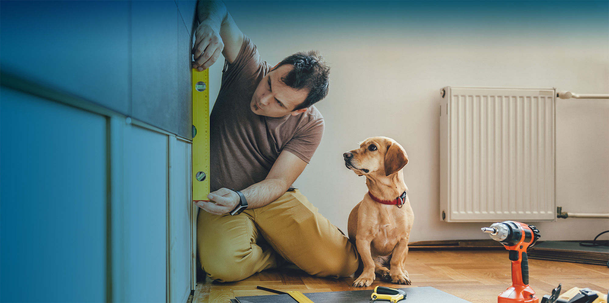 Dog watching man working on cabinets