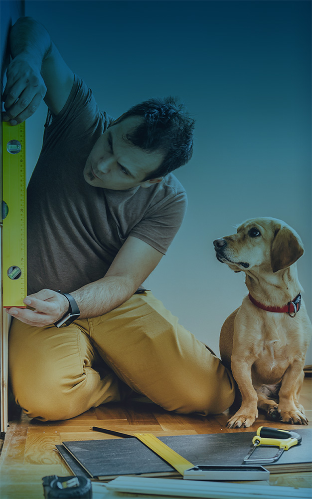 Man and dog working on cabinets